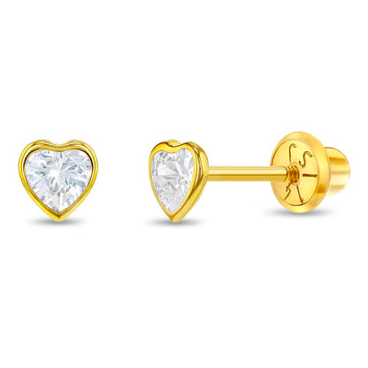 14k Yellow Gold 4mm Bezel Set Heart Cubic Zirconia Screw Back Earrings for Baby Girls, Toddlers and Young Girls - Cute Heart Earring Studs for Children with Locking Screw Backs for Kids