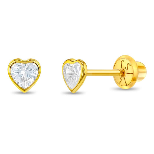 14k Yellow Gold 4mm Bezel Set Heart Cubic Zirconia Screw Back Earrings for Baby Girls, Toddlers and Young Girls - Cute Heart Earring Studs for Children with Locking Screw Backs for Kids