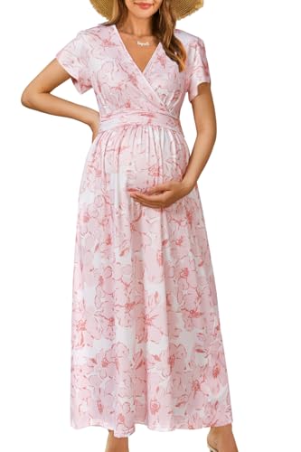 OUGES Maternity Maxi Dress Wrap V Neck Baby Shower Pregnancy Dresses for Photoshoot