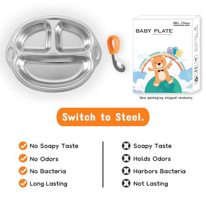 Mrs. Chou® Stainless Steel Baby Suction Plates Divided Designed for Babies and Toddlers, Made of 100% Food-Grade Materials Ideal for Baby-Led Weaning BPA-Free Toddler Feeding Supplies Dishwasher Safe