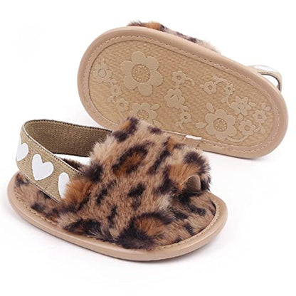 2 Pack Infant Baby Girls Sandals Elastic Back Strap Flats Slippers Soft Toddles Princess Shoes Faux Fur Slides Shoes First Walker House Shoes