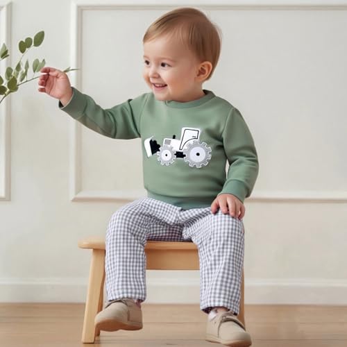 Toddler Baby Boy Fall Winter Outfit Long Sleeve Excavator Embroidery Pullover Plaid Wide Leg Pants Infant Clothes