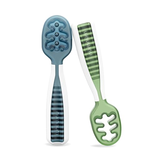 NumNum Baby Spoons Set, Baby Essentials Pre-Spoon GOOtensils for 6+ Months, First Stage Self-Feeding Spoons for Baby Led Weaning (BLW), Silicone Toddler Utensils, BPA-Free, 2 Pack Blue/Orange