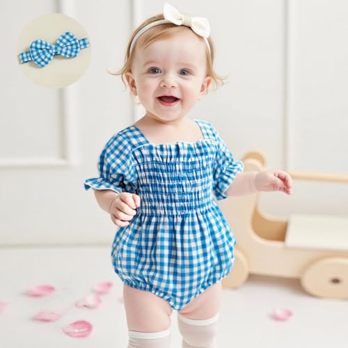 Infant Baby Girls Romper Ruffle Sleeve Pleated Smocked Bubble Plaid One Piece Ruched Jumpsuit Summer Bodysuit