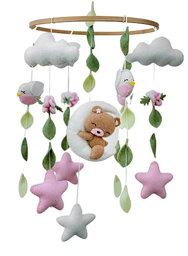 Girl Teddy Bear Mobile for Crib, Felt Ball Mobile Bear Crib Mobile Pink Bear Baby Shower, Gift Baby Nursery Decor Kids Mobile, Bear Stars Bird Mobile Mobile arm is NOT Included