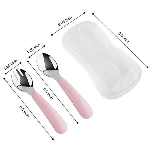 Kirecoo 2 Set Toddler Utensils, Toddler Forks and Spoons, Stainless Steel kids Silverware Set, Designed for Self Feeding Flatware Utensils with Travel Carrying Cases BPA Free (White & Pink)