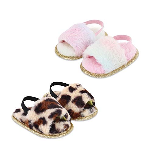 2 Pack Infant Baby Girls Sandals Elastic Back Strap Flats Slippers Soft Toddles Princess Shoes Faux Fur Slides Shoes First Walker House Shoes