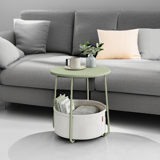 VASAGLE End Table, Small Bedside Table with Fabric Basket, Modern Nightstand, Round Side Table, for Living Room, Bedroom, Matte White and Camel Brown ULET223W10