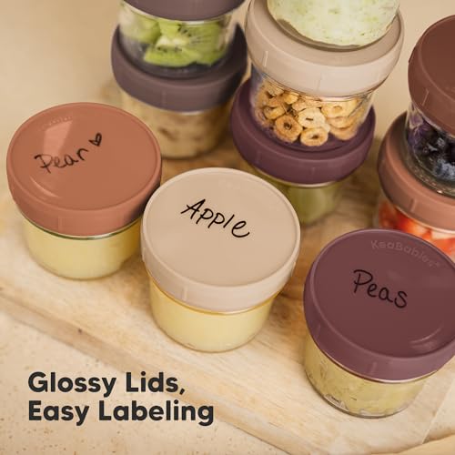 KeaBabies 4pk 8oz & 4pk 4oz Glass Baby Food Containers with Lids - Leak-Proof,Microwavable Small Glass Jars,Baby Purees & Toddler Snack Storage Containers,BPA-Free,Dishwasher & Freezer Safe(Musk Dusk)