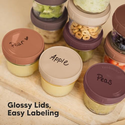 KeaBabies 4pk 8oz & 4pk 4oz Glass Baby Food Containers with Lids - Leak-Proof,Microwavable Small Glass Jars,Baby Purees & Toddler Snack Storage Containers,BPA-Free,Dishwasher & Freezer Safe(Musk Dusk)