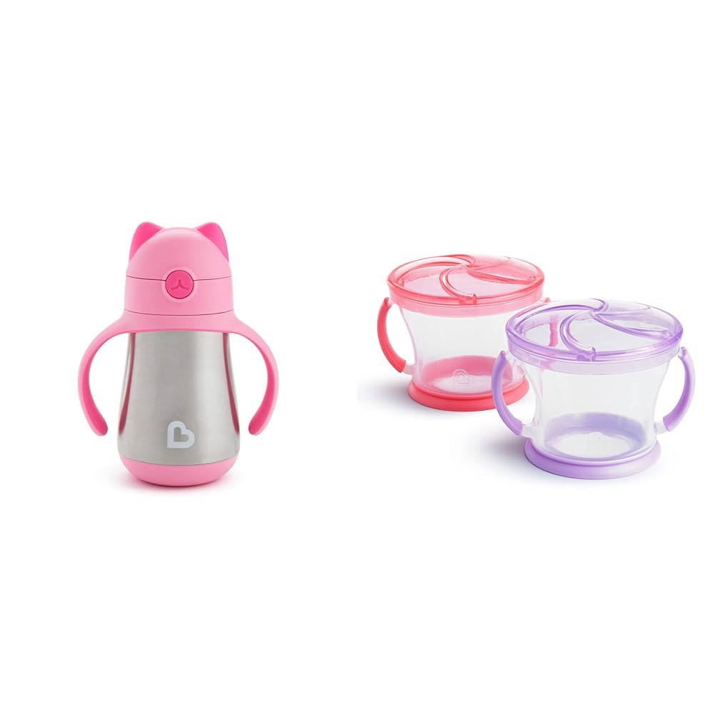 Munchkin Cool Cat Sippy Cup for Toddlers, Stainless Steel Straw Cup, 8 Ounce, Pink