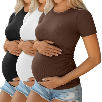 Ficerd 3 Pack Women's Maternity Shirts Cotton Short Sleeve Pregnancy Tops Side Ruched Ribbed Casual Mama tees Clothes