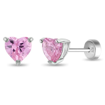 925 Sterling Silver Cubic Zirconia Heart-Shaped Solitaire Stud Girl's Earrings with Safety Push Back Locking 4mm- Excellent For Baby Girls, Toddlers & Young Girls- Best For Kids With Sensitive Ears