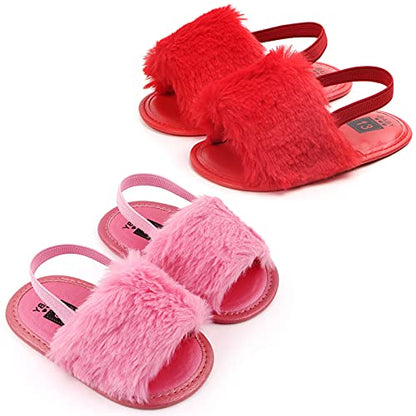 2 Pack Infant Baby Girls Sandals Elastic Back Strap Flats Slippers Soft Toddles Princess Shoes Faux Fur Slides Shoes First Walker House Shoes