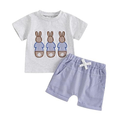 fhutpw Baby Toddler Boy Summer Clothes Embroidery Pattern Short Sleeve Tops & Casual Shorts 6 12 18 Months Outfits Sets