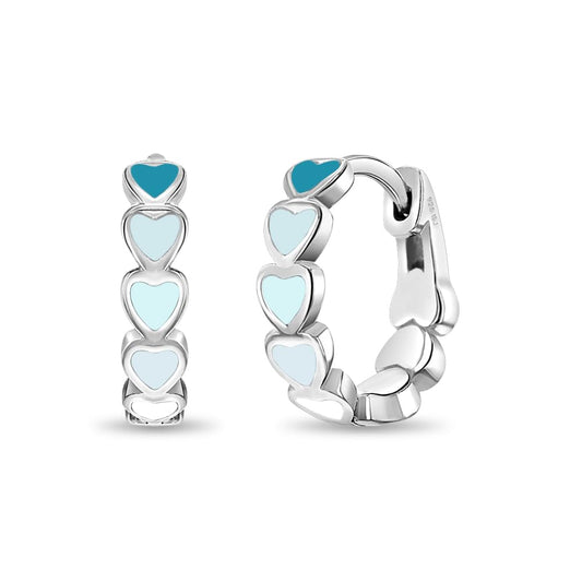 925 Sterling Silver Tiny Heart Enamel Huggie Hoop Earrings - Multicolored Heart Themed Hoops