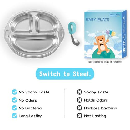 Mrs. Chou® Stainless Steel Baby Suction Plates Divided Designed for Babies and Toddlers, Made of 100% Food-Grade Materials Ideal for Baby-Led Weaning BPA-Free Toddler Feeding Supplies Dishwasher Safe
