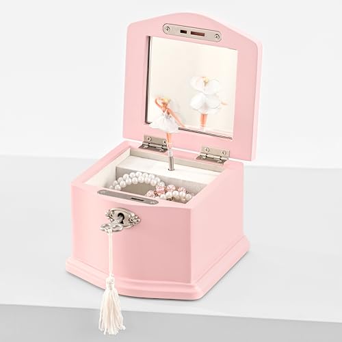 Wooden Musical Jewelry Box for girls with Mirror and Key Lock, Gift for Kids on Birthdays and Holidays (Pink, Small) (Beige, Small)