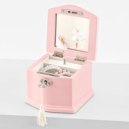 Wooden Musical Jewelry Box for girls with Mirror and Key Lock, Gift for Kids on Birthdays and Holidays (Pink, Small) (Beige, Small)