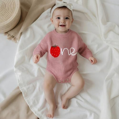 Baby Girl First Birthday Outfit One Year Old Strawberry Embroidery Knit Sweater Romper Warm Fall Winter Clothes