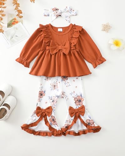 Toddler Baby Girl Clothes Fall/Winter Girls Outfits Ruffle Long Sleeve Tops Floral Flared Pants Girls' Clothing Sets