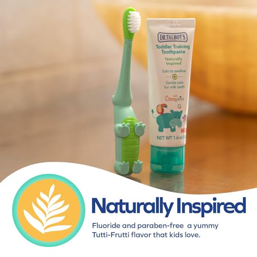Dr. Talbot's Toddler Training Toothbrush and Natural Kids Toothpaste with Citroganix - 1.6 oz - Fluoride-Free Toothpaste and Toddler Toothbrush - 6+ Months - Alligator