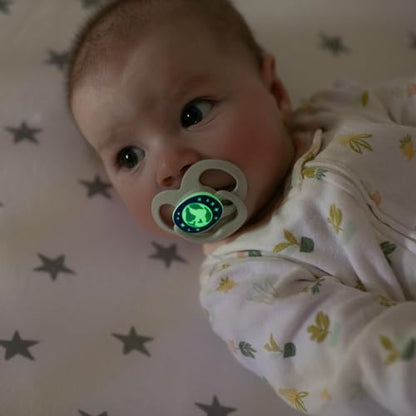 Dr. Brown's Advantage Glow-in-the-Dark Baby Pacifier, Fully Symmetrical Soother with Soft Silicone Bulb, Scooter Squirrel-Purple Nature, 6-18m, BPA Free, 4 Pack