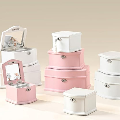 Wooden Musical Jewelry Box for girls with Mirror and Key Lock, Gift for Kids on Birthdays and Holidays (Pink, Small) (Beige, Small)