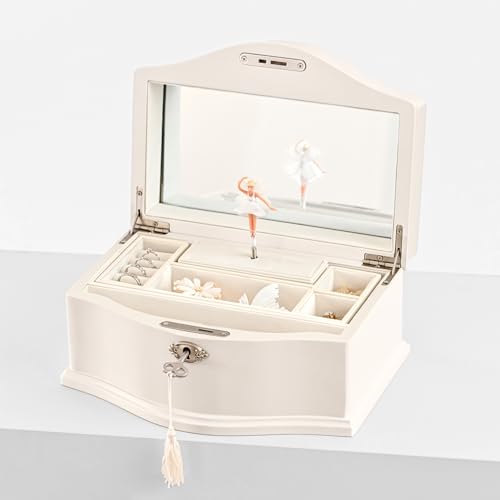 Wooden Musical Jewelry Box for girls with Mirror and Key Lock, Gift for Kids on Birthdays and Holidays (Pink, Small) (Beige, Small)