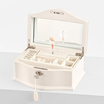 Wooden Musical Jewelry Box for girls with Mirror and Key Lock, Gift for Kids on Birthdays and Holidays (Pink, Small) (Beige, Small)