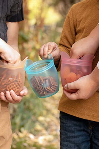 Zip Top Reusable 100% Silicone Baby + Kid Snack Containers - The only containers that stand up, stay open and zip shut! No Lids! Made in the USA - Teal Bear