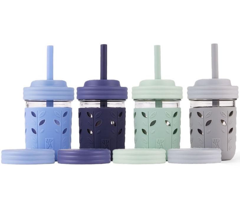 Elk and Friends Kids & Toddler Cups | The Original Glass Mason jars 8 oz with Silicone Sleeves & Silicone Straws with Stoppers | Smoothie Cups | Spill Proof Sippy Cups for Toddlers