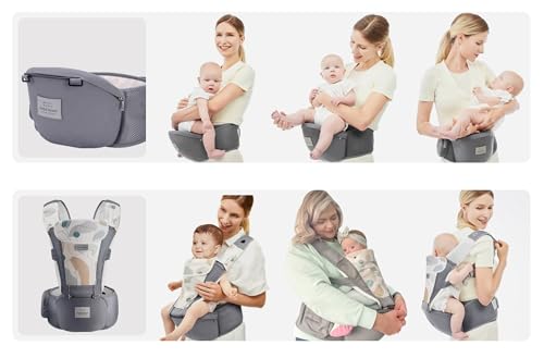 Bebamour Baby Carrier Newborn to Toddler-2 in 1 Hip Seat & Carrier Front and Back Carry with Head Hood & 3 Pieces Teething Pads& Waist Extenders & Storage Bag 0-36 Months (Green)