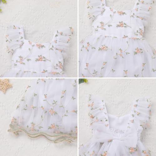 IDOPIP Floral Embroidered Baby Girl Romper Tutu Dress Princess Tulle Jumpsuit Headband Cake Smash 1st Birthday Party Outfit