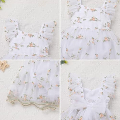 IDOPIP Floral Embroidered Baby Girl Romper Tutu Dress Princess Tulle Jumpsuit Headband Cake Smash 1st Birthday Party Outfit