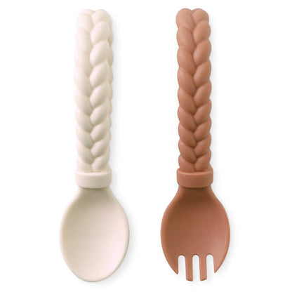 Itzy Ritzy Silicone Spoon & Fork Set; Baby Utensils Featuring a Baby Fork and Spoon with Looped, Braided Handles - Made of 100% Food Grade Silicone & BPA-Free - Ages 6 Months and Up (Pink)