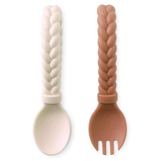 Itzy Ritzy Silicone Spoon & Fork Set; Baby Utensils Featuring a Baby Fork and Spoon with Looped, Braided Handles - Made of 100% Food Grade Silicone & BPA-Free - Ages 6 Months and Up (Pink)
