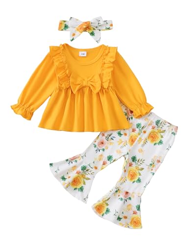 Toddler Baby Girl Clothes Fall/Winter Girls Outfits Ruffle Long Sleeve Tops Floral Flared Pants Girls' Clothing Sets