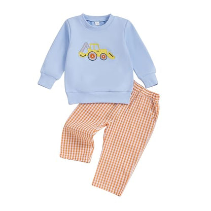 Toddler Baby Boy Fall Winter Outfit Long Sleeve Excavator Embroidery Pullover Plaid Wide Leg Pants Infant Clothes