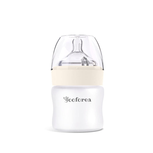 Yooforea Silicone Coated Glass Baby Bottle, 0M+ Slow Flow Nipple I Anti-Colic, Wide Neck, Stable Base I Medical-Grade Silicone Coating for Shatter Protection, BPA BPS PVC Free (3 Ounce-Honey)