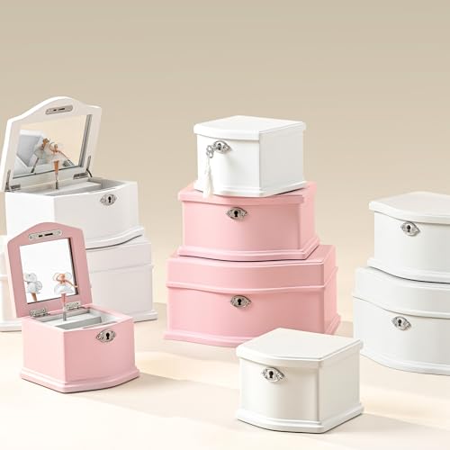 Wooden Musical Jewelry Box for girls with Mirror and Key Lock, Gift for Kids on Birthdays and Holidays (Pink, Small) (Beige, Small)