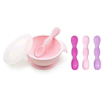 Bumkins Baby Bowls, Disney Minnie Mouse Silicone Baby Feeding Set, Suction Bowls for Baby and Toddler with Spoon, First Feeding Set, Platinum Silicone Bowl for Babies 4 Months