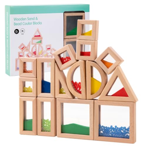 Rainbow Sensory Toys Blocks,15 Large Pcs Wooden Building Blocks for Toddlers Baby Kids,Colorful Geometric Stacking Toys, Preschool Educational Toy Set.