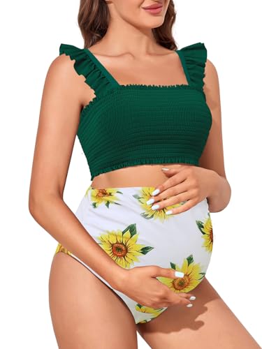 Summer Mae Maternity High Waist Bikini Swimsuit Two Piece Ruffled Hem Cute Bathing Suit Floral Pregnancy Swimwear