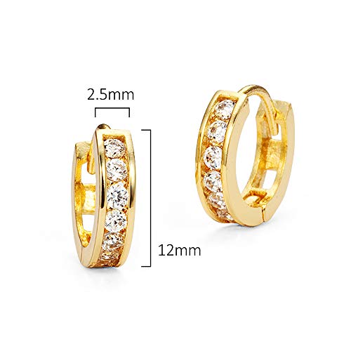 14k Yellow and White Gold 2.25mm Cubic Zirconia Channel Huggie Children Baby Girls Earrings
