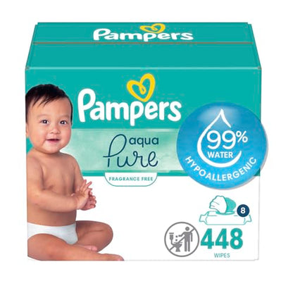 Pampers Baby Wipes Aqua Pure, 99% water-based wipes, Hypoallergenic and Unscented Infant Wipe, 896 Total (16 Flip-Top Packs)