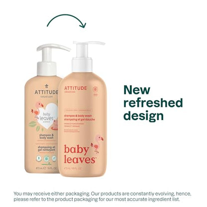 ATTITUDE 2-in-1 Shampoo and Body Wash for Baby, Fragrance-Free EWG Hypoallergenic Plant- and Mineral-Based Ingredients, Vegan and Cruelty-Free, Unscented, 16 Fl Oz