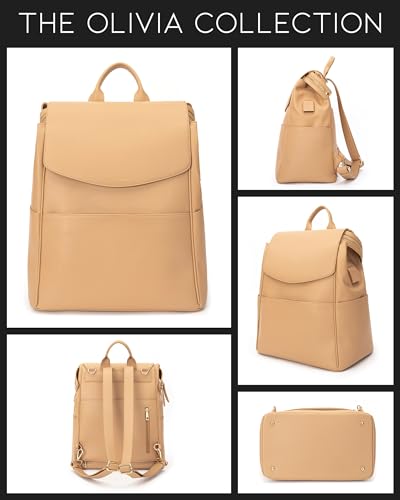 Leather Diaper Bag Backpack with USB Charging port, Changing Pad, Stroller Straps, and Bottle Holder (Brown Olivia)