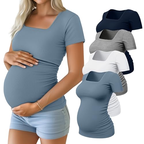 Huukeay 4 Pack Women's Maternity Shirts Cotton Ribbed Short Sleeve Square Neck Pregnancy Tops Side Ruched Summer Tee