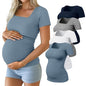 Huukeay 4 Pack Women's Maternity Shirts Cotton Ribbed Short Sleeve Square Neck Pregnancy Tops Side Ruched Summer Tee